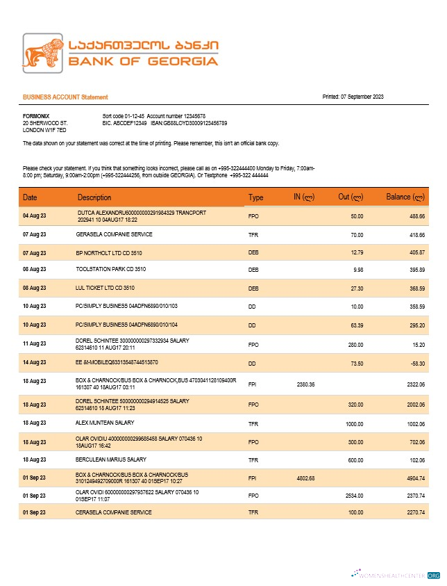 Download Bank of Georgia business checking account statement Word and PDF templat Photoshop template